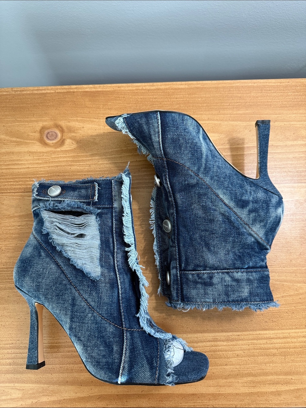 Frayed Denim Button-Front Peep-Toe Booties - Blue